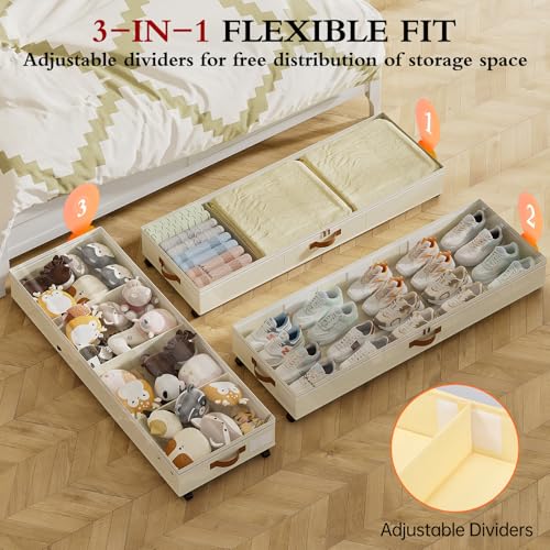 Yecaye Under Bed Storage with Wheels, 2 Pack Under Bed Storage Containers with Adjustable Dividers & Clear Window, 85L Rolling Underbed Organizer Bins Drawers for Clothes, Shoes, Blankets Toys, Beige - color: Beige, size: Extra Extra Large(2Pack)