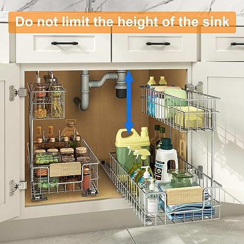 ROOMTEC Pull Out Cabinet Organizer, Under Sink Slide Out Storage Shelf with 2 Tier Sliding Wire Drawer, Sliding Storage for Inside Kitchen Cabinet- 11½ in. W x 21½ in. D (Right) - color: 11.5"W*21.5"D(Wood Handle-Right)
