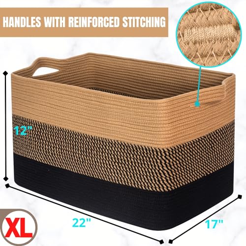 MINTWOOD Design 22in Extra Large Blanket Basket Holder for Living Room, Rectangle Rope Woven Storage Bin with Handles for Laundry, Pool Towels, and Shoes, Dog Toy Box Organizer, Black Jute - color: Black Jute