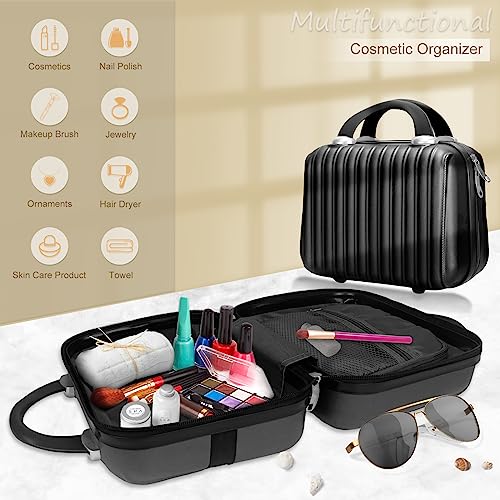 11 inch Hard Shell Cosmetic Case Makeup Travel Case Organizer Bag Small Portable Make up Train Hand Luggage with Elastic Strap ABS Mini Suitcase Gifts for Her. - color: Black, size: 11 Inch