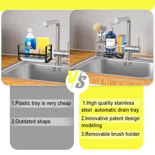 Fssvcd Maifan Sink Caddy Sponge Holder for Kitchen with Brush Holder and Stainless Steel Self Drain Tray, Rustproof Kitchen Sink Organizer for Sponge, Soap Dispenser Storage Accessories - color: Silver