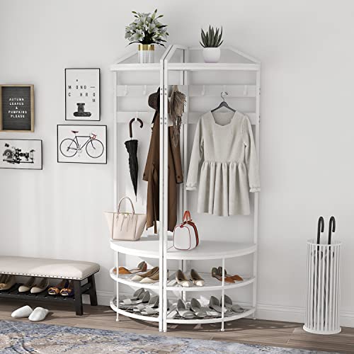 GiftGo Corner Hall Tree with Shoe Bench Entryway Coat Rack with 10 Metal Movable Hooks Freestanding Clothes Rack Shoes Shelf Organizer for Home Office Bedroom (White) - color: White