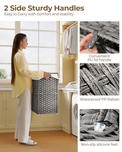 Greenstell Laundry Hamper with Lid, 90L Clothes Hamper with 2 Removable Liner Bags & 2 Mesh Laundry Bags, Handwoven Synthetic Rattan Laundry Basket for Clothes, Toys in Bathroom, Bedroom Grey - color: Gray, size: 90L (18.1 x 13.0 x 23.6 inches)