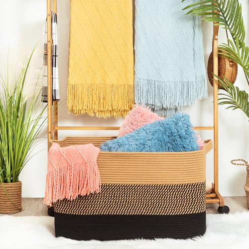 MINTWOOD Design 22in Extra Large Blanket Basket Holder for Living Room, Rectangle Rope Woven Storage Bin with Handles for Laundry, Pool Towels, and Shoes, Dog Toy Box Organizer, Black Jute - color: Black Jute