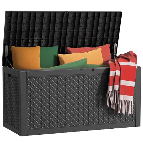 101 Gallon Waterproof Outdoor Storage Box, UV Resistant Resin Deck Box with Hydraulic Rod for Reinforced Stability, Perfect for Patio, Garden, and Pool（Black，101 Gallon） - color: Black, size: 101 Gallon