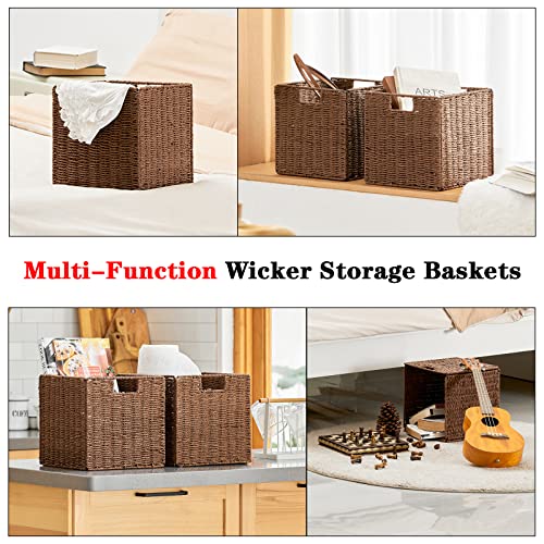 Vagusicc Wicker Storage Basket, Set of 2 Hand-Woven Storage Baskets for Shelves with Handles, Foldable Cube Storage Baskets Bins Organizer, 13 inch Large Wicker Baskets for Pantry Bedroom Decor, Brown - color: Brown, size: 13'' x 13'' x 13''