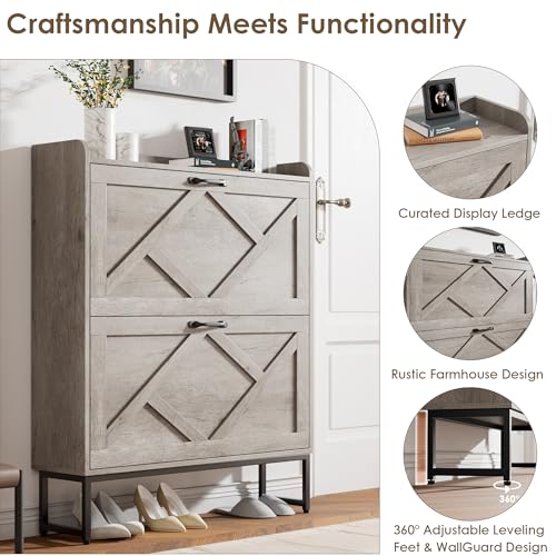 Nicetree Shoe Storage Cabinet with 2 Flip Drawers, Freestanding Shoe Organizer, Shoe Cabinet with Metal Legs, Narrow Shoe Rack Cabinet, Farmhouse Slim Shoe Cabinet for Entryway, Hallway, Rustic Gray - color: Grey, style: 2-Drawers