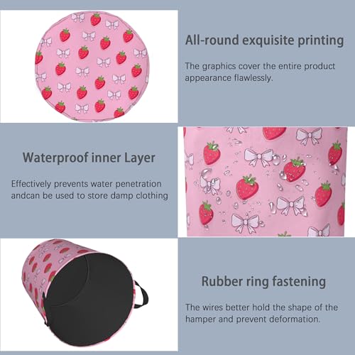 Cute Strawberry Laundry Basket,Bow Foldable with Handles Tote Bag Oxford Cloth for Bathroom Bedroom Dirty Clothes Storage Bucket 16" x 20.8" - color: Cute Strawberry Bow