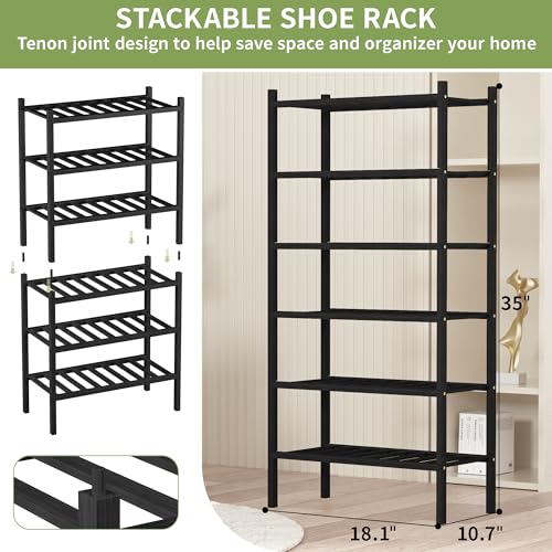 ROMGUAR CRAFT 6-Tier Bamboo Small Shoe Rack, Free Standing Wood Shoe Shelf Storage Organizer for Closet Entryway Stackable (Black) - color: Black, size: 6-Tier(Small)