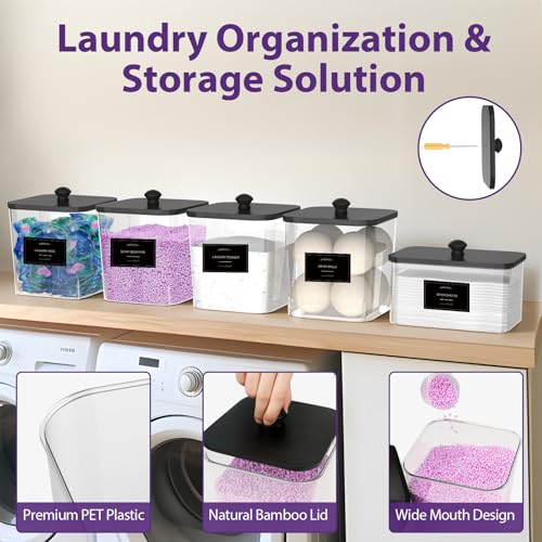 COAZEX 4+1 Pack Clear Laundry Pods Container & Dryer Sheet Holder, Plastic Square Laundry Room Organization and Storage Jars with Black Lids, Scoops & Labels for Detergent, Powder, Dryer Balls - color: 4+1 Pack