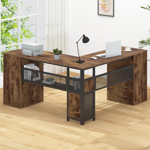 HSH L Shaped Computer Desk with File Drawers, Large Metal Wood L Shape Table with Storage Cabinet Shelves, Reversible Corner Home Office Executive Writing Study Workstation Desk, Rustic Brown, 59 Inch - color: Rustic Brown