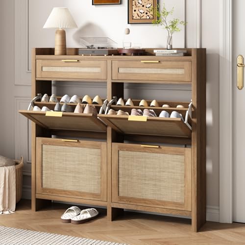 HOKYHOKY Large Rattan Shoe Storage Cabinet with 4 Flip Drawers & 2 Storages–Hidden Slim Shoe Organizer for Entryway, Large Tabletop Space, Farmhouse Boho Narrow Shoe Rack, Rustic Oak - color: Rustic Oak, size: 4 Flips