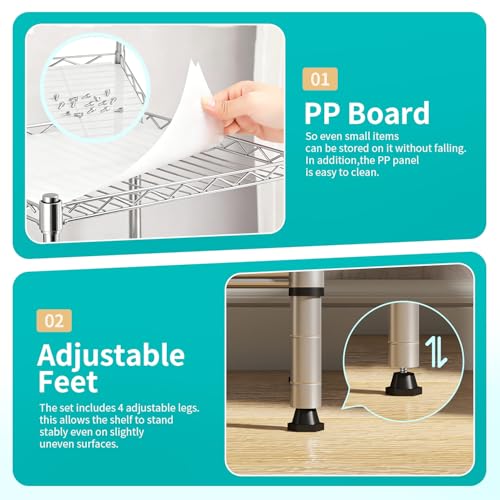 BestOffice | 4-Tier Wire Storage Shelves | 12"D x 18"W x 44"H | Chrome | with Adjustable Racks PP Liners | Compact Metal Shelf, Holds Upto 600 lbs | Ideal for Kitchens Closets Bathrooms Small Corners - color: Chrome, size: 12"D x 18"W x 44"H