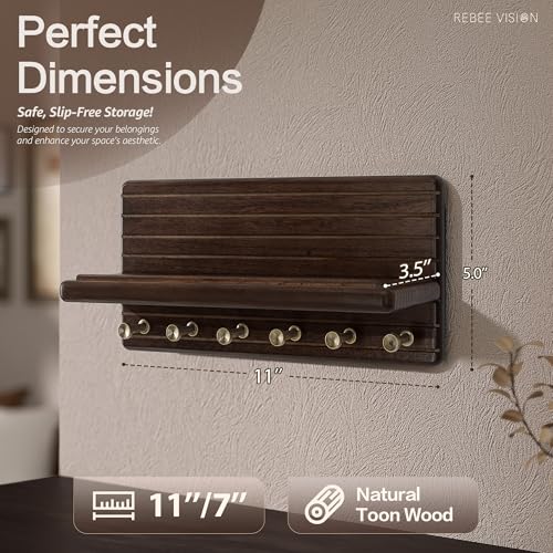 Rebee Vision Acacia Wood Key Holder Wall Mount - Farmhouse Key Holder for Wall with 6 Hooks & Floating Shelf - Apartment Essentials for Home Decor Living Room (Black Walnut) - color: Dark Acacia, size: Medium-11inch