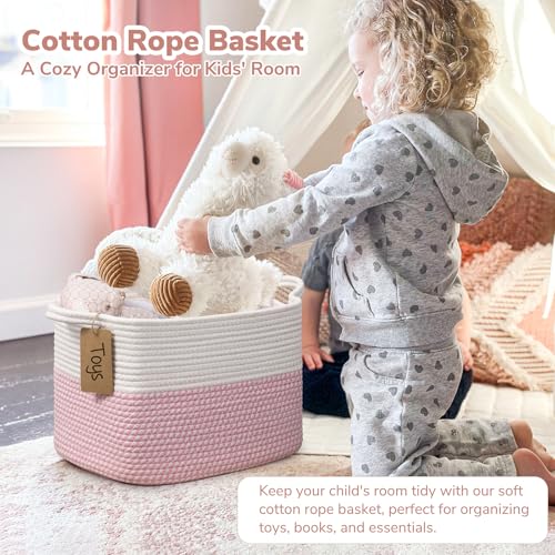 Goodpick Woven Storage Basket, 13" x 10" x 9" Storage Baskets for Organizing, Rope Gift Basket with Handles, Baby Baskets Kids Toy Organizer for Living Room, Pink - color: White Pink, size: 13"L x 10"W x 9"H