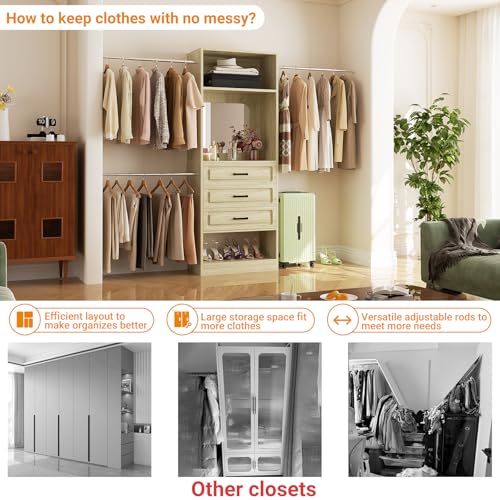 Unikito 48" W - 96” W Closet System with Mirror, 8FT Walk in Closet Organizer with Drawers and 3 Extendable Hanging Rod, Sturdy Wood Clothing Garment Rack with 25” Tower, Max Load 1000 LBS, White Oak - color: White Oak