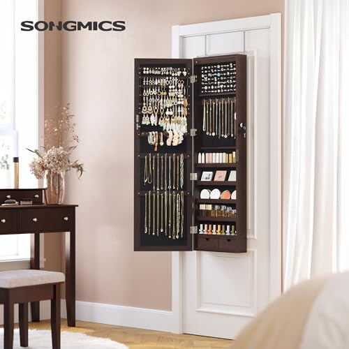 SONGMICS 6 LEDs Mirror Jewelry Cabinet, 47.2-Inch Tall Lockable Wall or Door Mounted Jewelry Armoire Organizer with Mirror, 2 Drawers, 3.9 x 14.6 x 47.2 Inches, Brown UJJC93K - color: Brown