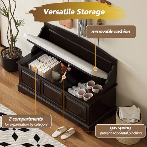 Knocbel Rustic Entry Storage Bench with Hidden Compartments and Removable Cushion, Wooden Entryway Hallway Foyer Shoe Bench Bedroom End of Bed Bench (Espresso and Beige) - color: Espresso and Beige