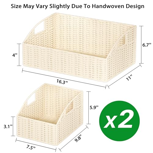 Ollieroo Rattan Storage Baskets, Handwoven Wicker Storage Bins with Built-in Handles, Storage Container Baskets for Shelves, Bedroom, Bathroom, Laundry Room or Kitchen(Beige) - color: Cream