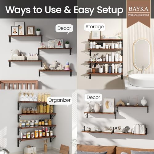 BAYKA Wall Shelves for Bedroom Decor, Floating Shelves for Wall, Display Mounted Rustic Wood Shelf for Books,Plants,Corner Shelves for Bathroom,Kitchen,Living Room(Rustic Brown，23in，Set of 4) - color: C. Rustic Brown Board & Black Brackets, size: 23-inch