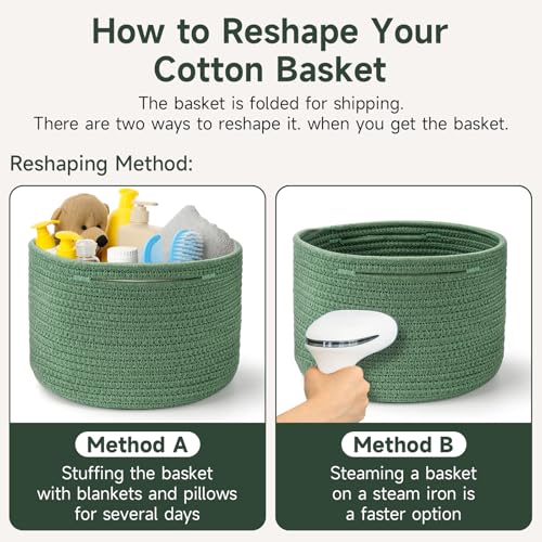Small Rope Baskets for Storage, Baskets for Gifts Empty, Cute Round Woven Basket, Decorative Shelf Baskets 9.82×9.82×7.1", Cotton Toy Basket Storage Bins for Organizer 3 Packs Green - color: Green-3PCS