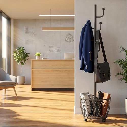 Cactus shaped Freestanding Metal Coat Rack Stand with Basket Modern Organizer for Scarf Jacket Hat Bags Ideal for Home Entryway Bedroom Corner Stable and Moveable (black) - color: black