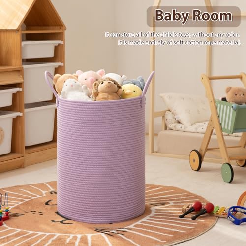 OIAHOMY Large Laundry Basket Hamper - 60L Cotton Rope Woven Basket for Blankets, Toys, Clothes - Tall Decorative Nursery Hamper with Long Handles, Purple - color: Purple, size: 60L
