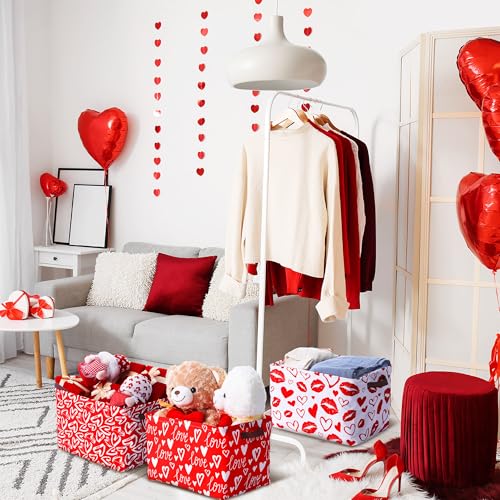 Geelin 3 Pcs Valentines Day Storage Baskets Red and White Heart Valentines Basket for Gifts Collapsible Waterproof Canvas Bin Organizer with Handles for Book Closet Shelf Nursery Decor - style: Valentine Red and White