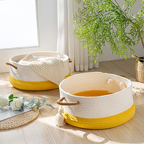 KAKAMAY Woven Baskets for Storage(16"x8"),Blanket Basket for Organizing Living Room,Cotton Rope Basket Woven Baby Laundry Hamper,Collapsible Laundry Room Organization,Clothes,Toy Chest(Yellow) - color: Yellow