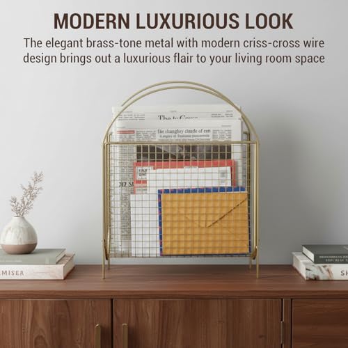 MyGift Magazine Rack, Floor Freestanding Magazine Holder for Bathroom Bedroom Office, Books Newspapers File Mail Organizer, Mid Century Modern Decor Wire Storage for Tablets and Documents - color: Brass