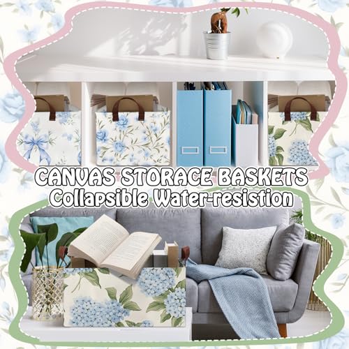 Boao 3 Pcs Blue Hydrangea Bow Storage Bin Flowers Collapsible Large Storage Baskets for Gifts Canvas Laundry Basket Foldable Box with Handle for Office Home Bedroom Clothes - style: Blue Hydrangea