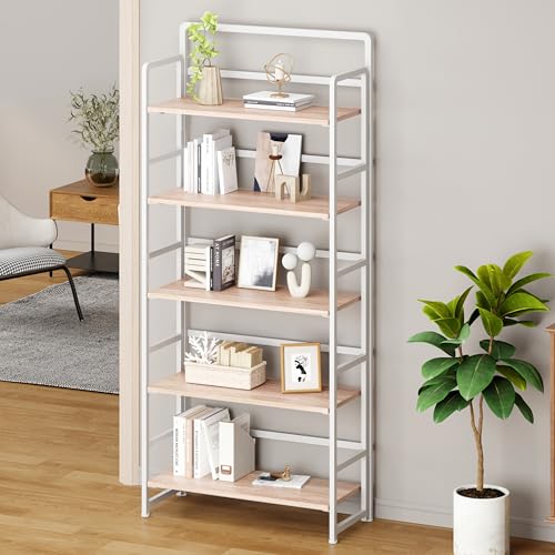 No Assembly Folding Bookshelf, 5 Tiers Collapsible Book Shelf for Home Office, Vintage Wood Foldable Bookcase Storage Organizer for Living Room Bedroom (Beige) - color: Beige, size: 5-tier
