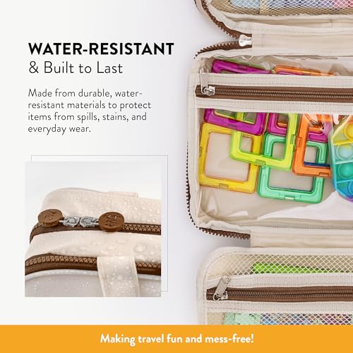 Kids Travel Organizer – Multi-Compartment, Water-Resistant Hanging Bag for Toys, Snacks, & Activities - Compact, Lightweight Design with Hook & Carry Handle - Perfect for Travel Use (Beige, Small) - color: Beige, size: Small
