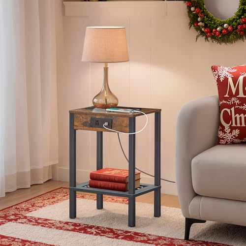 HOOBRO Side Table with Charging Station and Wire Cube Storage Organizer, Set of 2 End Table, 6-Cube Shelves, Modular Shelves with Metal Grid, DIY Closet Cabinet, BF91UBZP201-BF06CW01