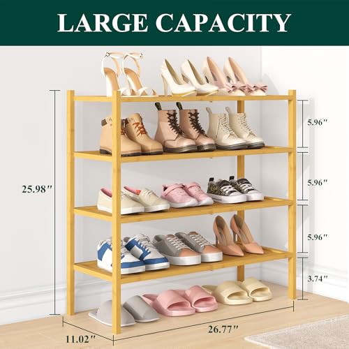 Smiry Bamboo Shoe Rack, 4 Tier Shoe Organizer for Entryway & Closet, Stackable Free Standing Storage Shelf for Shoes, Bags & Plants, Natural - color: Natural, size: 4 Tier-Regular
