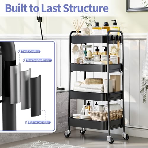 TOOLF 4-Tier Rolling Cart - Metal Storage Organizer with Lockable Wheels, 44 lbs Per Shelf Capacity, Tool-Free Assembly, for Kitchen Bathroom Office Laundry Room Nursery, Black - color: Black, size: 4-Tier