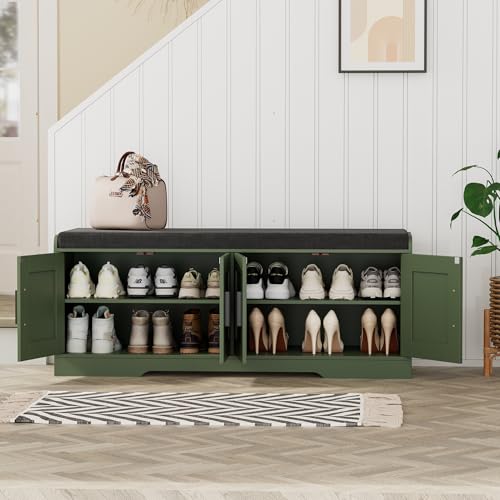 Homleke 2-Tier Storage Bench, Shoe Bench with Thickened Padded Seat Cushion, Entryway Bench with 4 Doors, Adjustable Shelf, 13.8" D x 45.3" W x 18.5" H, for Entryway, Living Room, Bedroom, Green - color: Green, size: 45.3"