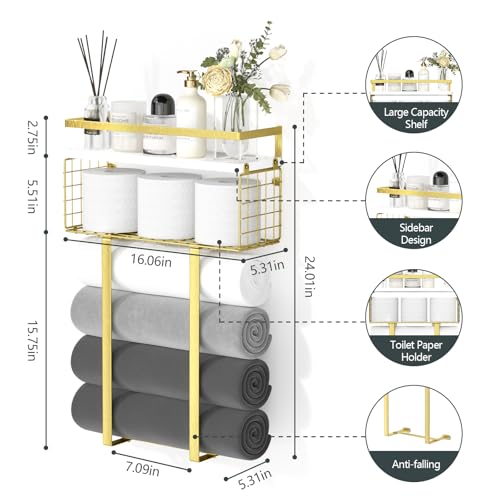 Towel Racks for Bathroom, Bathroom Shelf Over Toilet,Floating Shelves with Towel Rack Paper Holder Storage Basket,Floating Shelves for Wall Decor,Gold - color: Golden, size: Large