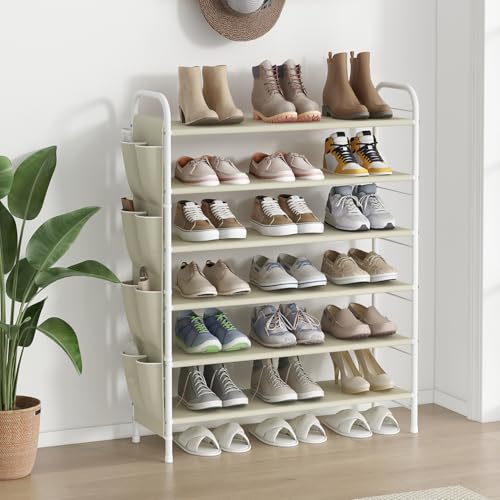 SUOERNUO Shoe Rack Storage Organizer 6 Tier Free Standing Metal Shoe Shelf Shoe Organizer with Side 8 Shoes Pockets for Entryway Closet Bedroom,Beige - color: Beige, size: 6 Tier