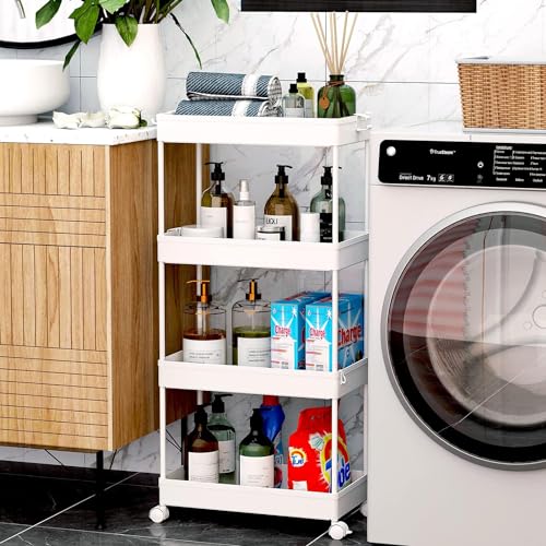SPACEKEEPER Storage Cart, 4-Tier Mobile Shelving Unit, Bathroom Rolling Cart Utility Storage Organizer Shelf for Kitchen Living Room Bathroom Laundry Room & Dressers, White - color: White, size: 4 Tier