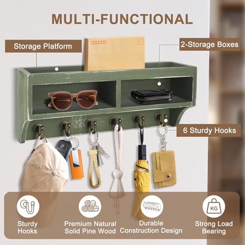 Key Holder Wall Mount - Mail Organizer Wall Mount with 6 Key Hooks and Storage Box for Sunglasses Storage and Dog Leash Holder Home Decor Rack Apartment Farmhouse Shelf Entryway Organizer (Green) - color: Green