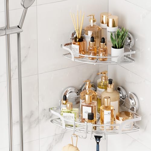 TAILI 2 Pack Powerful Suction Cup Corner Shower Caddy, Stainless Steel Rustproof Shower Shelf with Hook, Drill-Free Wall Mounted Basket, Large Capacity Removable Suction Cup Bathroom Organizer, Silver - style: Corner Caddy, Silver