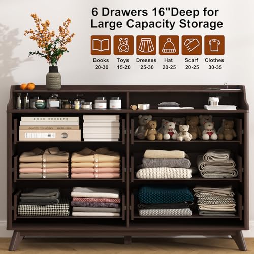 Dresser for Bedroom with 6 Drawers, 55" Large Dresser w/Charging Station, Open Shelf Top, Pre-Installed Slides, Wood Closet Clothes Storage Long Dressers for Bedroom, Living Room, Hallway, Brown - color: Brown, size: 16"D x 55"W x 37"H (6 Drawers)