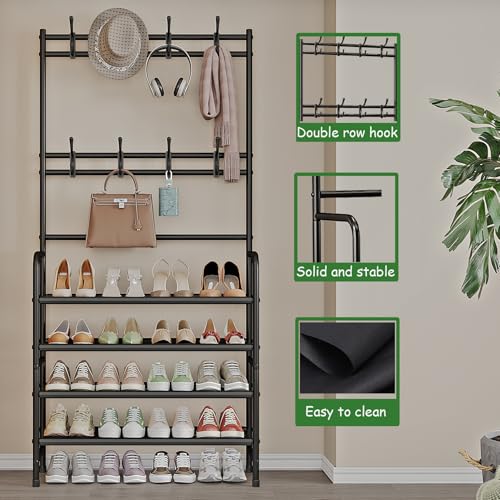Coat Rack Shoe Rack With Storage Shelf Freestanding with 8 Hooks for Entryway Bedroom Closet 4 Tier, Black - color: Black