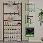 Coat Rack Shoe Rack With Storage Shelf Freestanding with 8 Hooks for Entryway Bedroom Closet 4 Tier, Black - color: Black