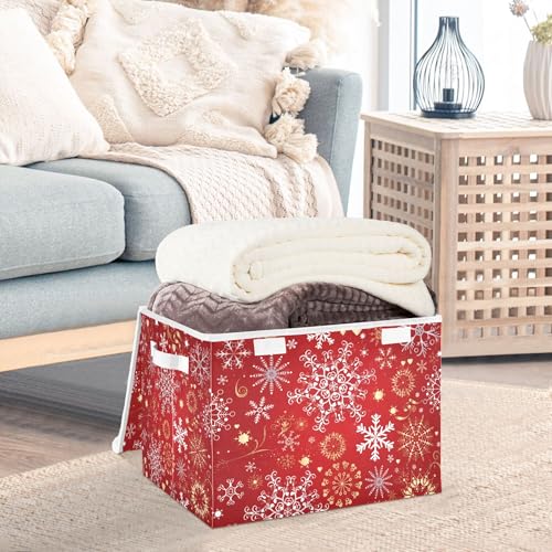 xigua Christmas Snowflakes Storage Bins with Lids and Carrying Handle,Foldable Storage Boxes Organizer Containers Baskets Cube with Cover for Home Bedroom Closet Office - color: Christmas Gold and White Snowflakes