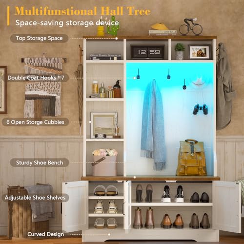 CSZZD Hall Tree with Bench and Shoe Storage, Farmhouse Entryway Bench with Coat Racks and Led Lights, Tall Hall Tree with 7 Coat Hooks, 6 Storage Cubbies, Adjustable Shelf - color: Antique White, size: 39.4"