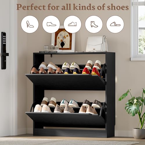 BORNOON Shoe Cabinet with 2 Flip Drawers, Slim Narrow Shoe Storage Cabinet, Freestanding Shoe Organizer with Adjustable & Removable Shelves, Top Display Shelf for Entryway, Hallway, Foyer, Closet - color: Black, size: 2-Drawer