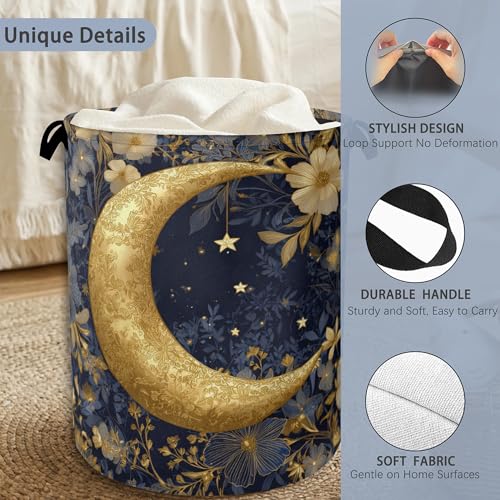 Golden Moon Laundry Basket,Flowers Foldable Oxford Cloth Tote Bag Laundry Hamper Clothes Storage Bucket Organizer for Bedroom Laundry Storage Dormitories 16" x 20.8" - color: Golden Moon Flowers