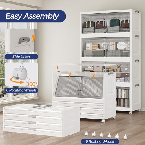250Gal Extra Large Stackable Storage Bins with Lid (5-Pack), 1000QT Foldable Organizer with Clear Magnetic Doors & Wheels, Plastic Cabinet for Bedroom, Garage, Dorm, Closet, Home, Kitchen